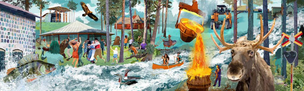 Wall illustration "Hembygd" in Hällefors bathhouse, showing figures and elements from local life, illustrated by Marie Åhfeldt.