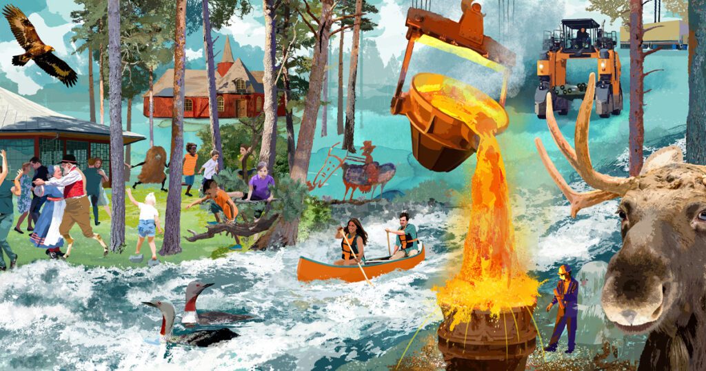 Detail from the wall illustration "Hembygd" in Hällefors bathhouse, showing figures and elements from local life, illustrated by Marie Åhfeldt.