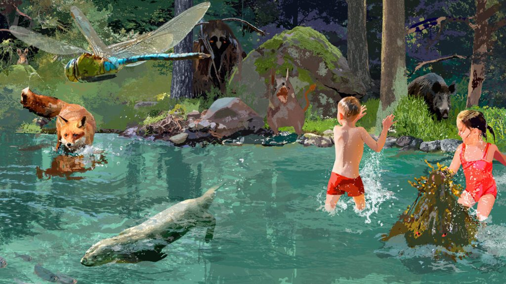 Kontaktbild – Illustration av Hällefors badhus med barn och djur, av Marie Åhfeldt, Mås Illustra