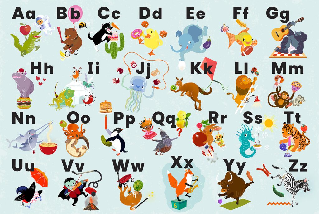 Illustration for an ABC puzzle featuring animals, objects and food for each letter of the alphabet, including alligator, apple and astronaut for A, illustrated by Marie Åhfeldt.