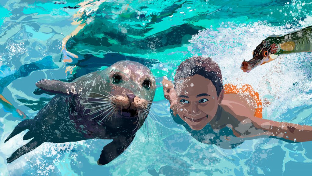 Detail of the wall illustration "Badarna" showing swimmers, animals and water elements, illustrated by Marie Åhfeldt.