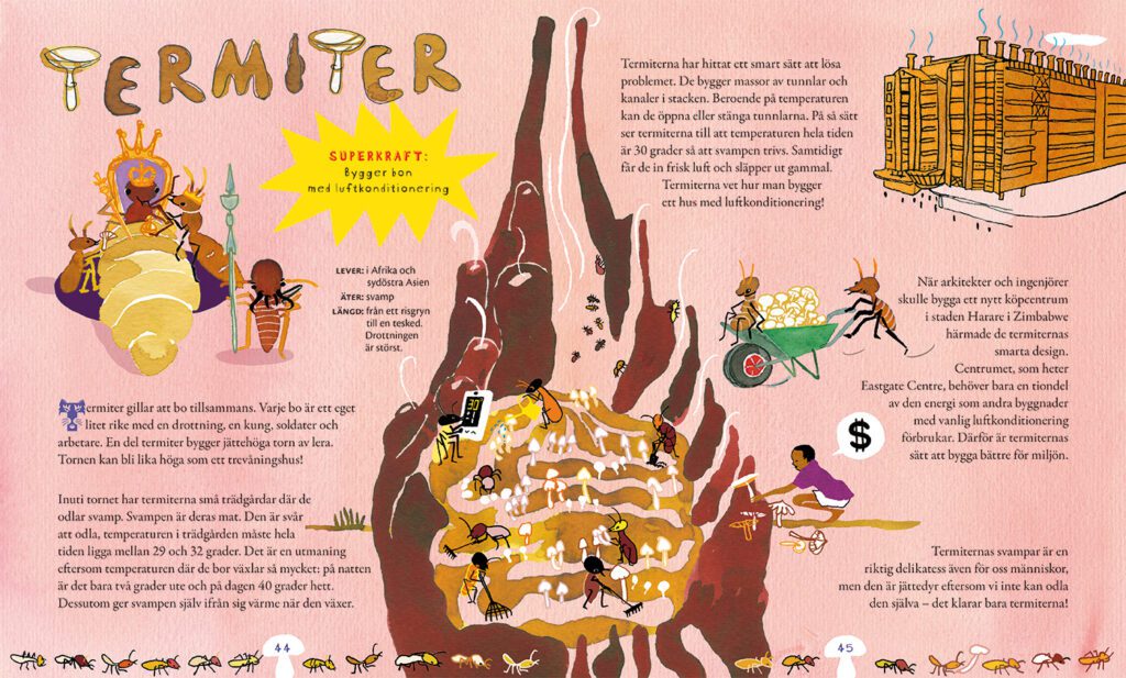 Illustrerat uppslag med termiter och deras bon. En termitdrottning med krona och spira tas om hand av andra termiter, medan en soldattermit vaktar. En genomskärning visar termitstackens gångar, skorstenar och svampodlingar, där temperaturen kontrolleras runt 30 grader. Termiter odlar och transporterar svamp. På högersidan syns ett köpcentrum i Harare som inspirerats av termiternas byggteknik. Ett barn plockar svamp, och längst ner syns en rad av termiter i rörelse.