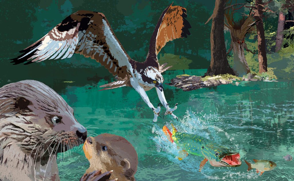 Detail of the wall illustration "Svartälven" showing animals and figures near water, illustrated by Marie Åhfeldt.