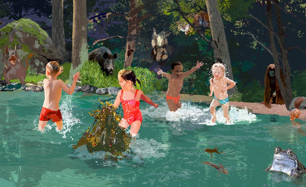 Wall illustration "Svartälven" by Marie Åhfeldt installed in the spray park area of Hällefors bathhouse, showing children, animals and water play elements.
