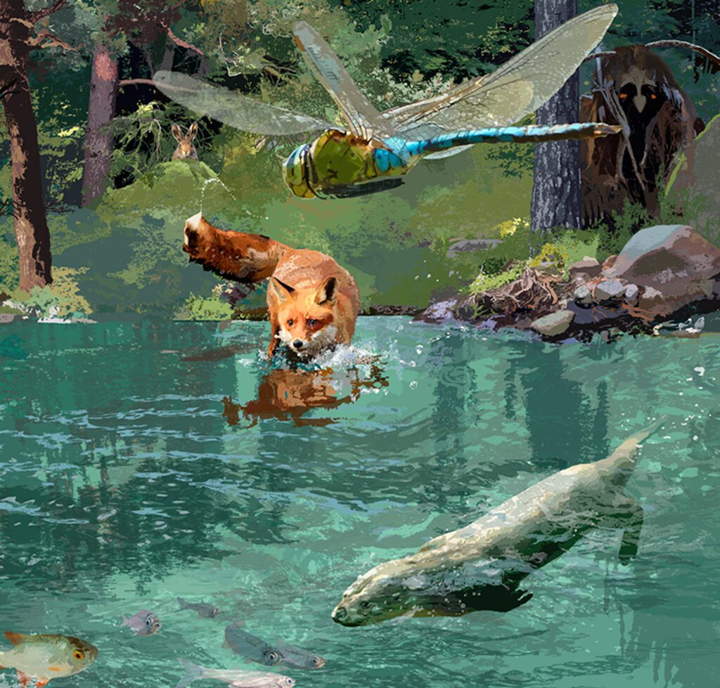 Detail of the wall illustration "Svartälven" showing animals and figures near water, illustrated by Marie Åhfeldt.