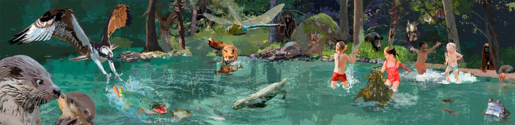 Large-scale wall illustration "Svartälven" in Hällefors bathhouse, depicting children, animals and water scenes, illustrated by Marie Åhfeldt.