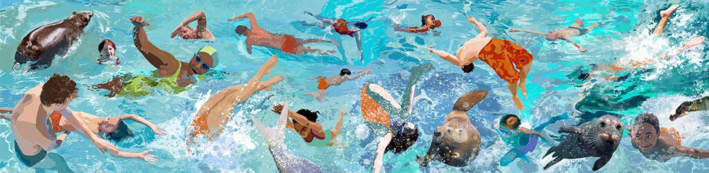 Large-scale wall illustration "Badarna" in Hällefors bathhouse, depicting swimmers of different ages together with animals and aquatic elements, illustrated by Marie Åhfeldt.