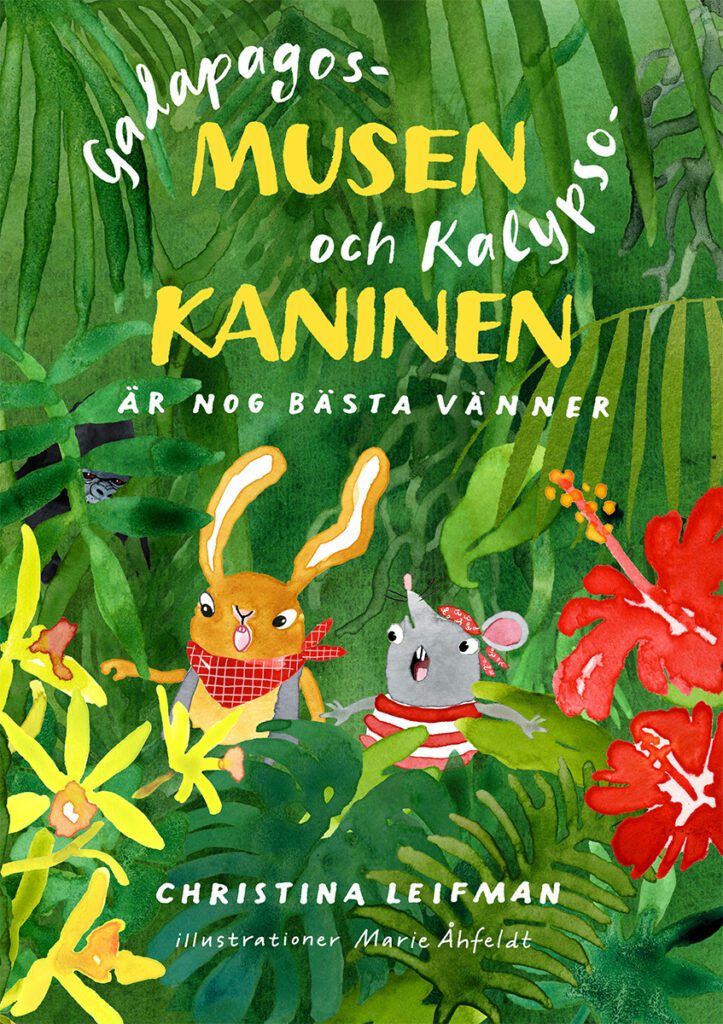Omslag där en mus och en kanin står i en djungel med hibiskus och vaniljblommor och ser upp med rädda, uppspärrade ögon. I bakgrunden anas ett par ögon som bevakar dem i grönskan.