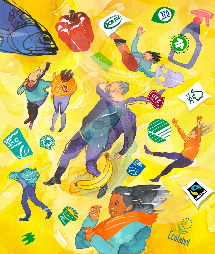 People caught in a swirling storm of sustainability labels and certification symbols