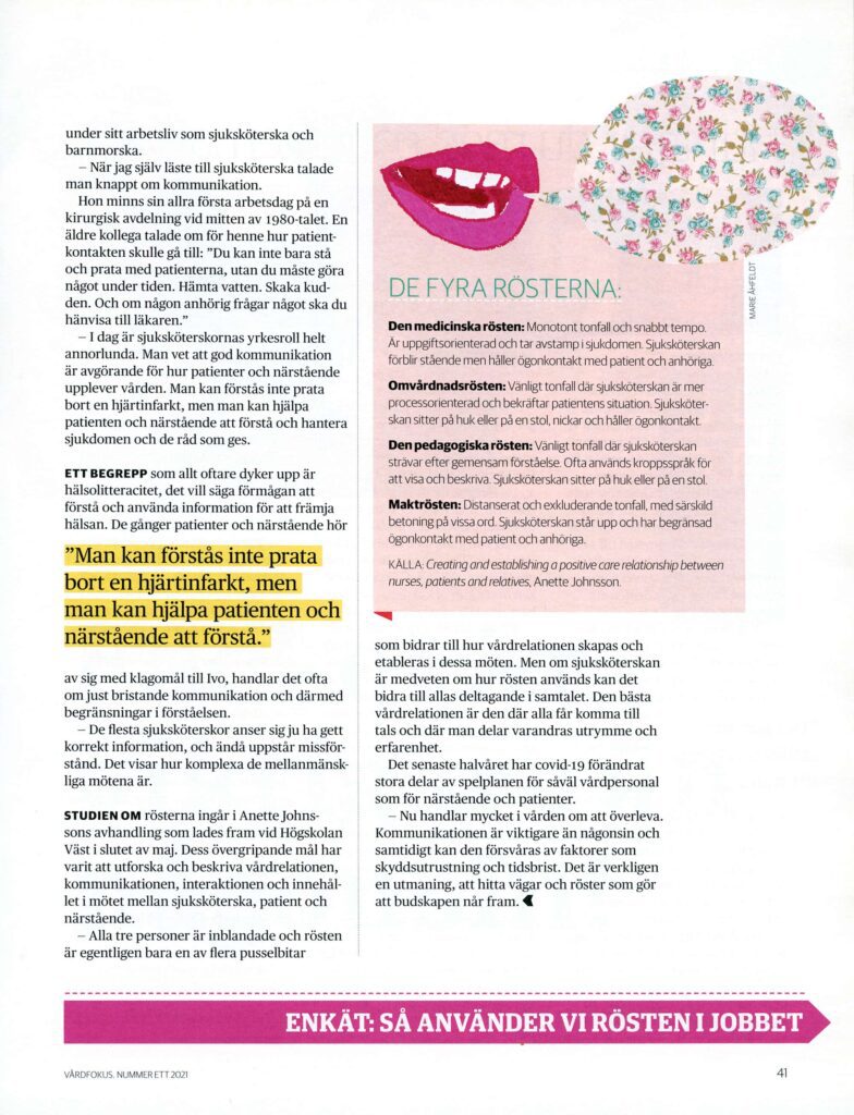 Illustration of lips with a patterned speech bubble in a magazine layout
