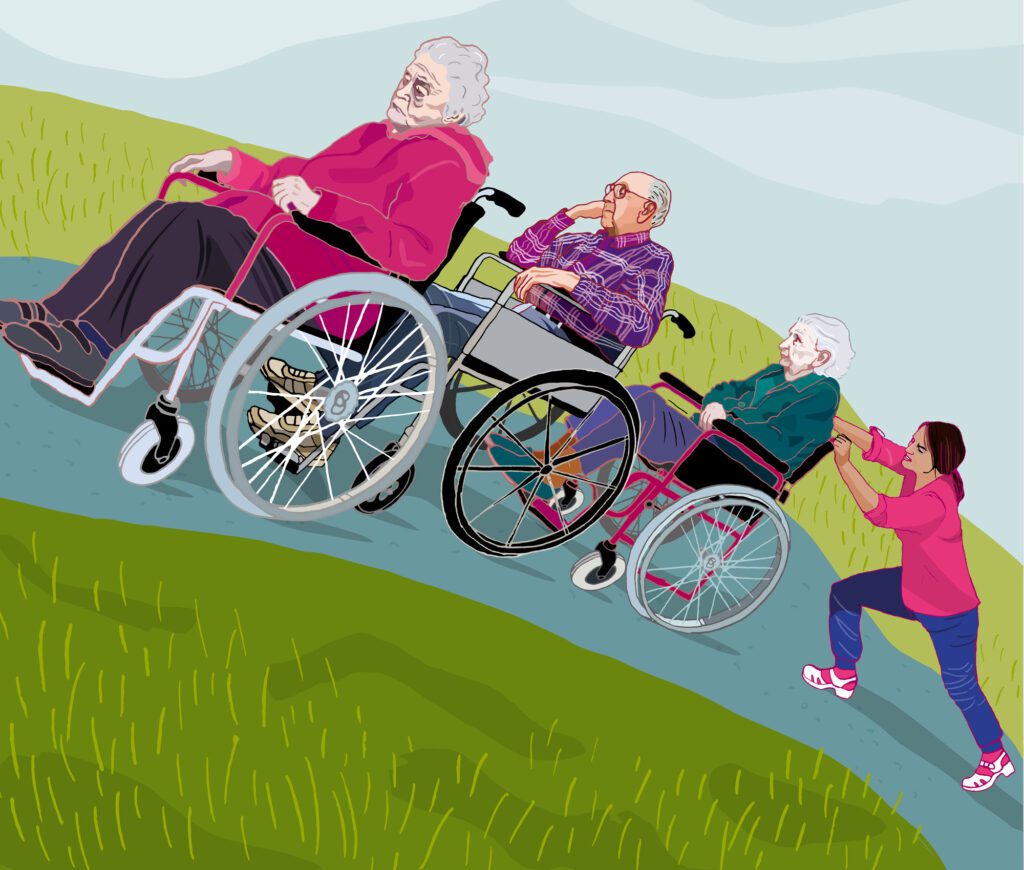Illustration of elderly people in wheelchairs being pushed uphill by a caregiver, symbolizing challenges in elderly care.