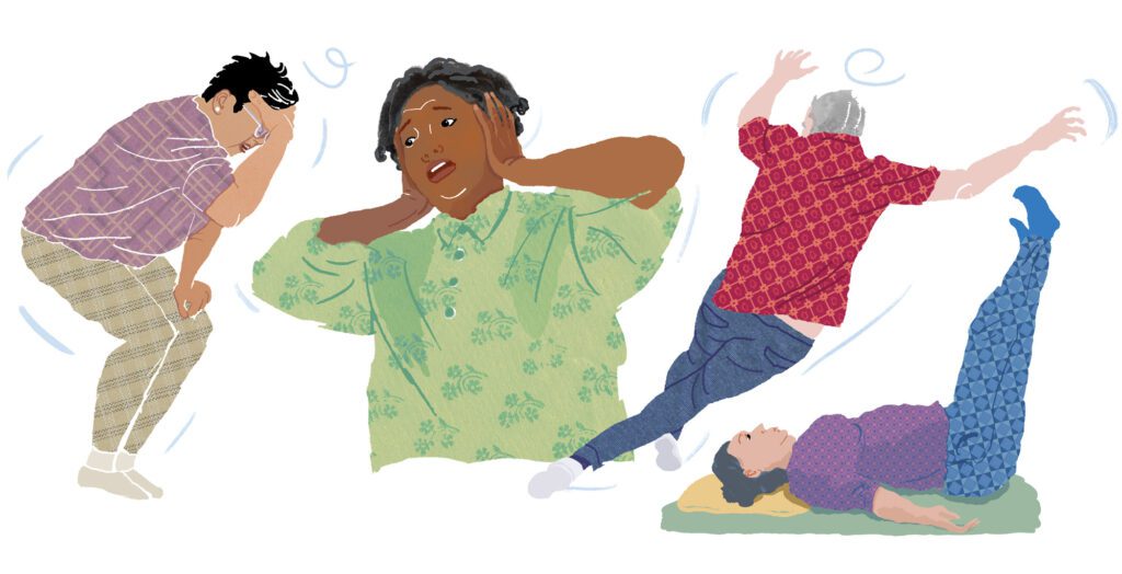 Illustration showing multiple people experiencing dizziness and fainting in different situations