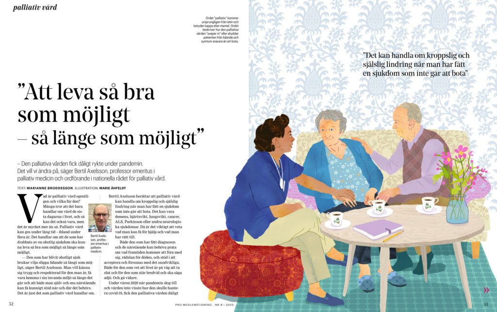 Editorial illustration for article on palliative care, showing caregiver supporting elderly couple
