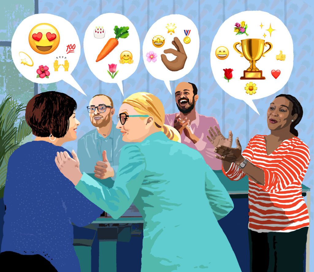 Illustration of a group giving feedback, visualized with speech bubbles and emojis.