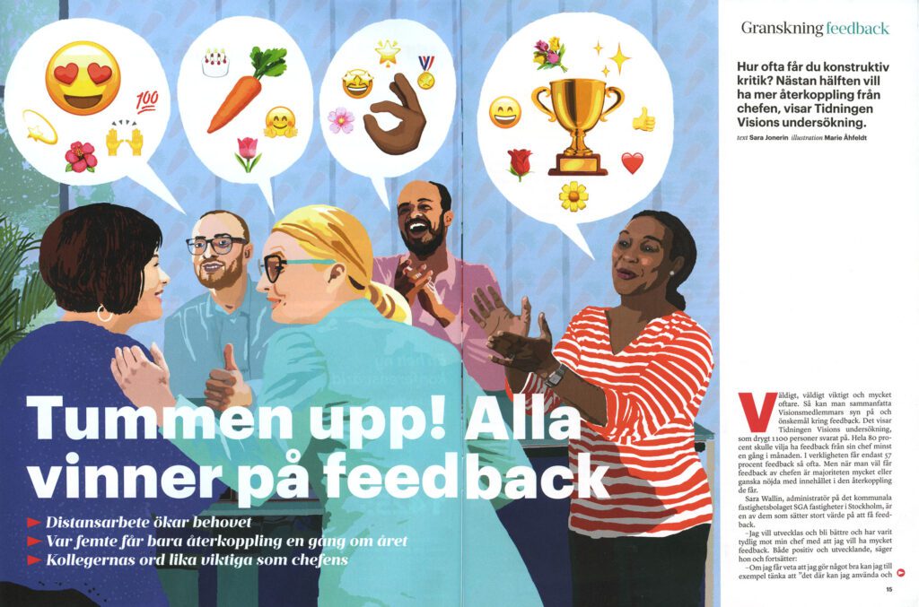 Editorial layout featuring an illustration of people giving positive feedback, with speech bubbles and emoji symbols.