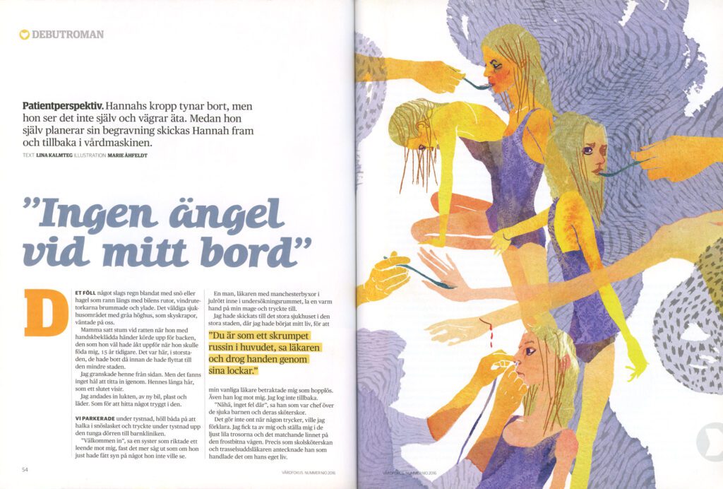 Magazine spread from Vårdfokus featuring an editorial illustration of a young woman in a medical setting, accompanied by Swedish text from a book excerpt on anorexia.