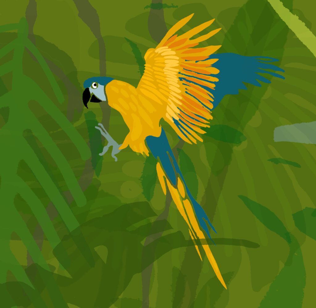 Colorful parrot perched among leaves in a jungle illustration.