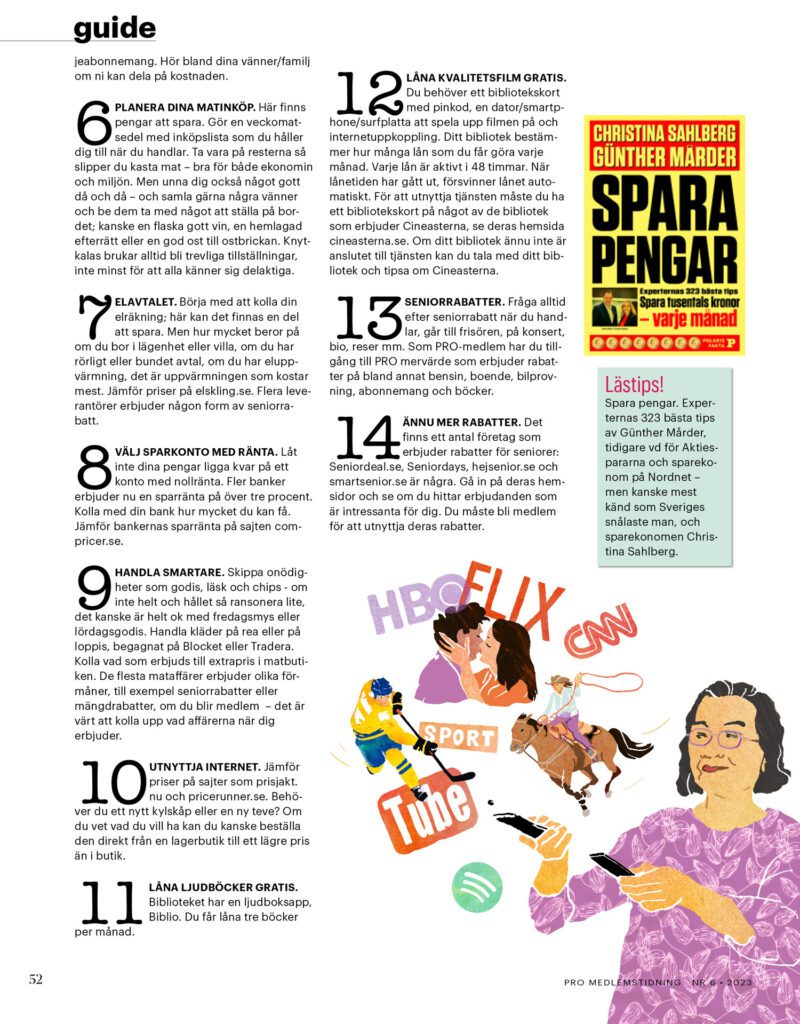 Magazine page layout with illustration of a woman using a remote control and media icons