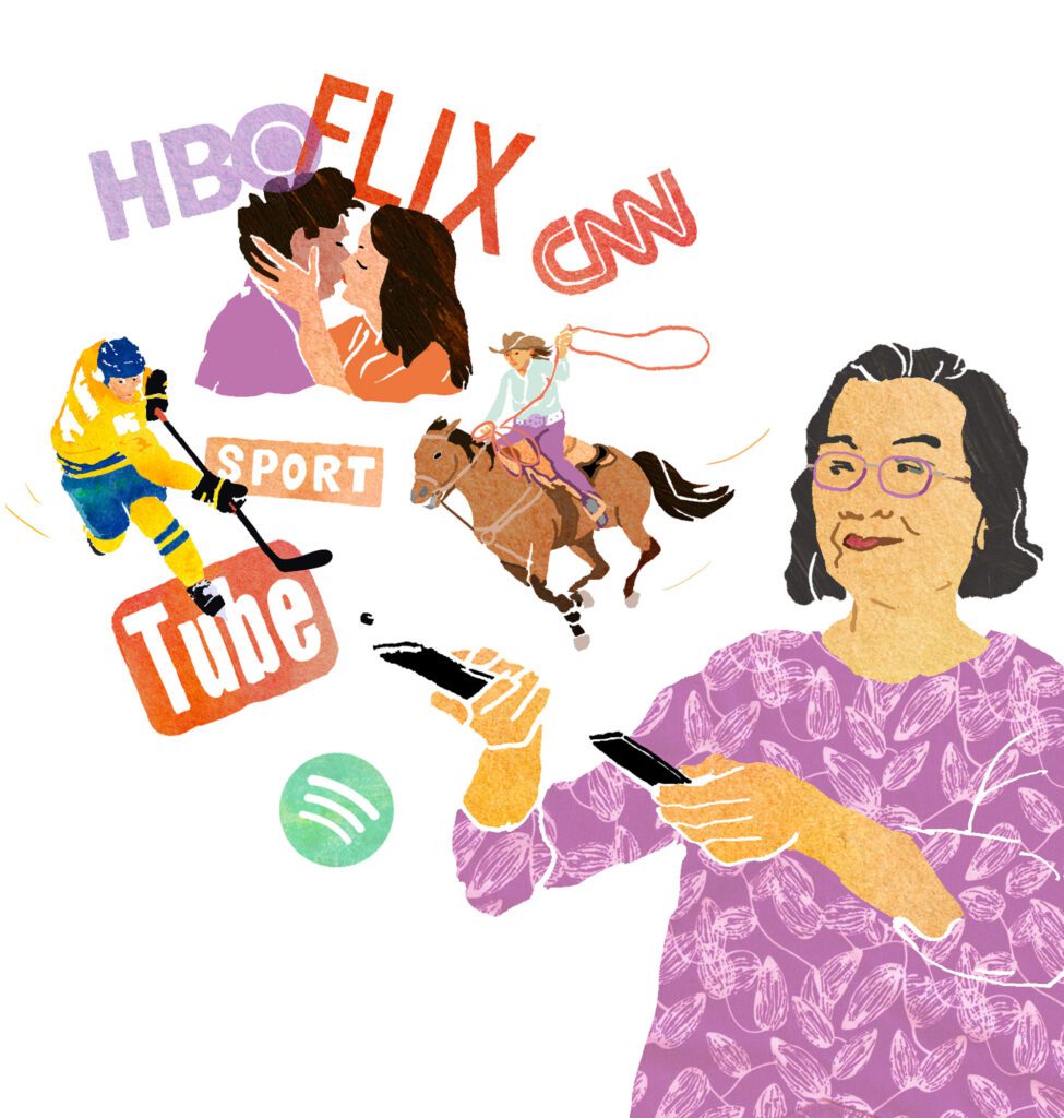 Woman holding a remote control, with icons of films, sports, streaming and TV channels around her