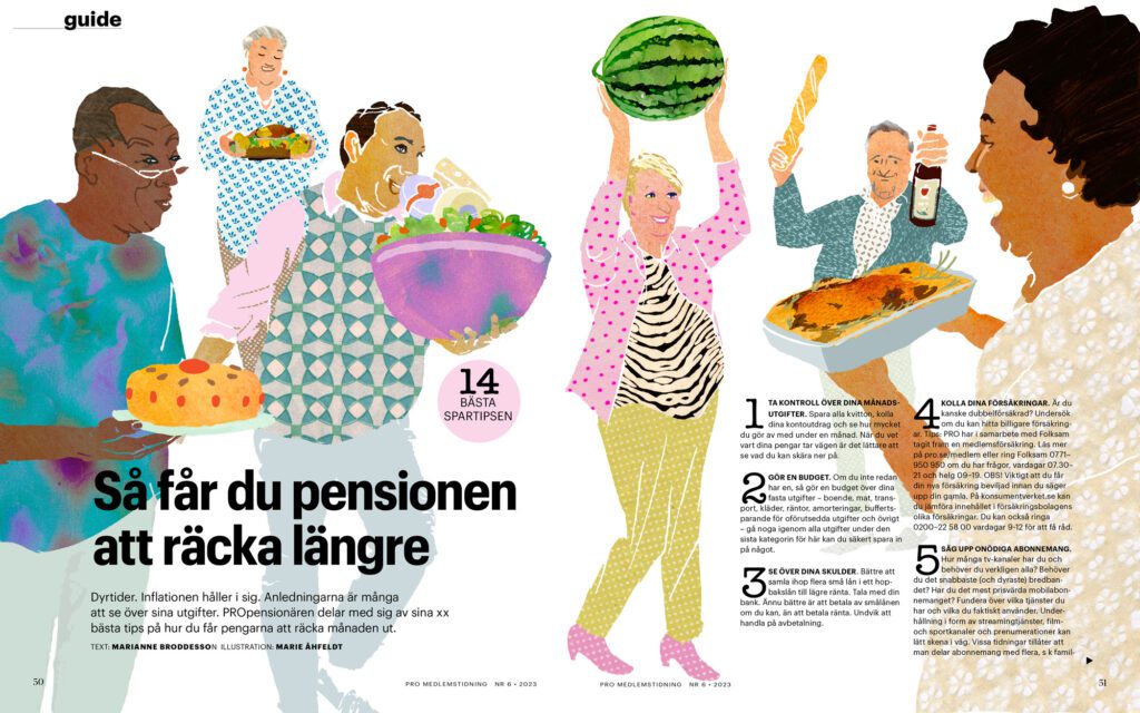 Magazine spread showing people bringing dishes to a shared meal, alongside an article about managing pension expenses