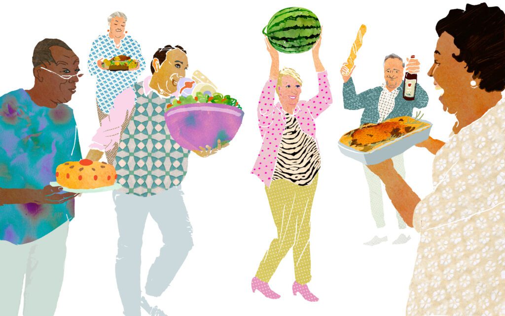 Group of people bringing dishes to a shared meal, carrying cake, salad, watermelon and casserole