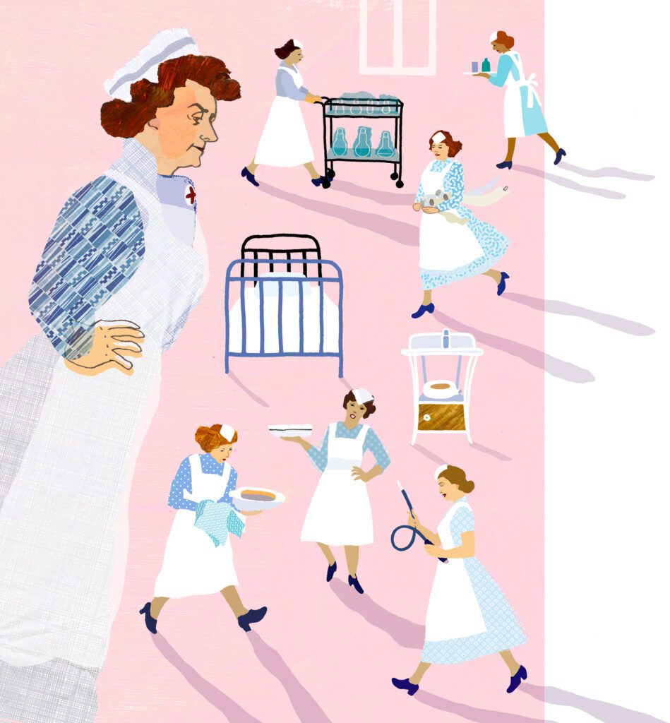 Illustration of nurses in 1940s uniforms working in a hospital ward, carrying food, tools, and equipment.