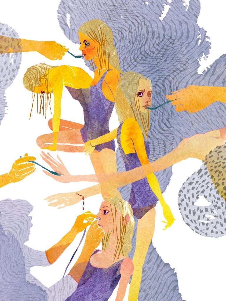 Editorial illustration of a young woman in a medical environment, with layered figures and hands interacting around her, conveying themes of care, control, and vulnerability.