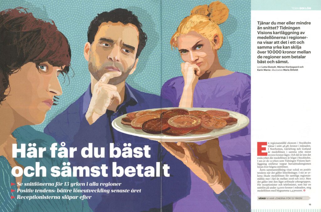 Magazine spread about salary differences, showing people looking at a plate of coin-like sausage slices.