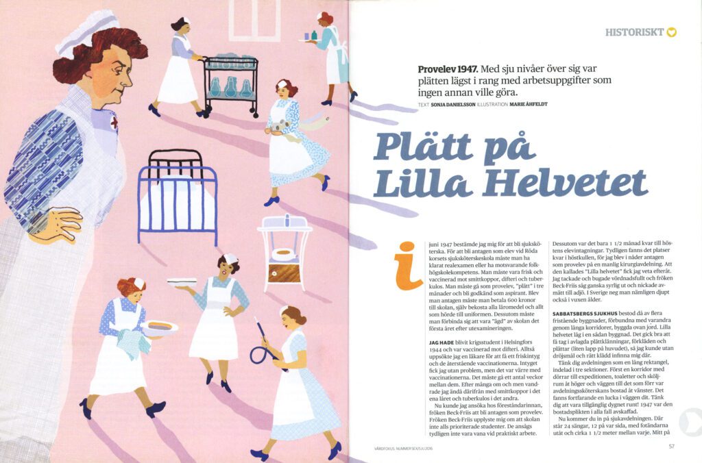 Editorial spread featuring an illustration of nurses in 1940s hospital work alongside Swedish article text.