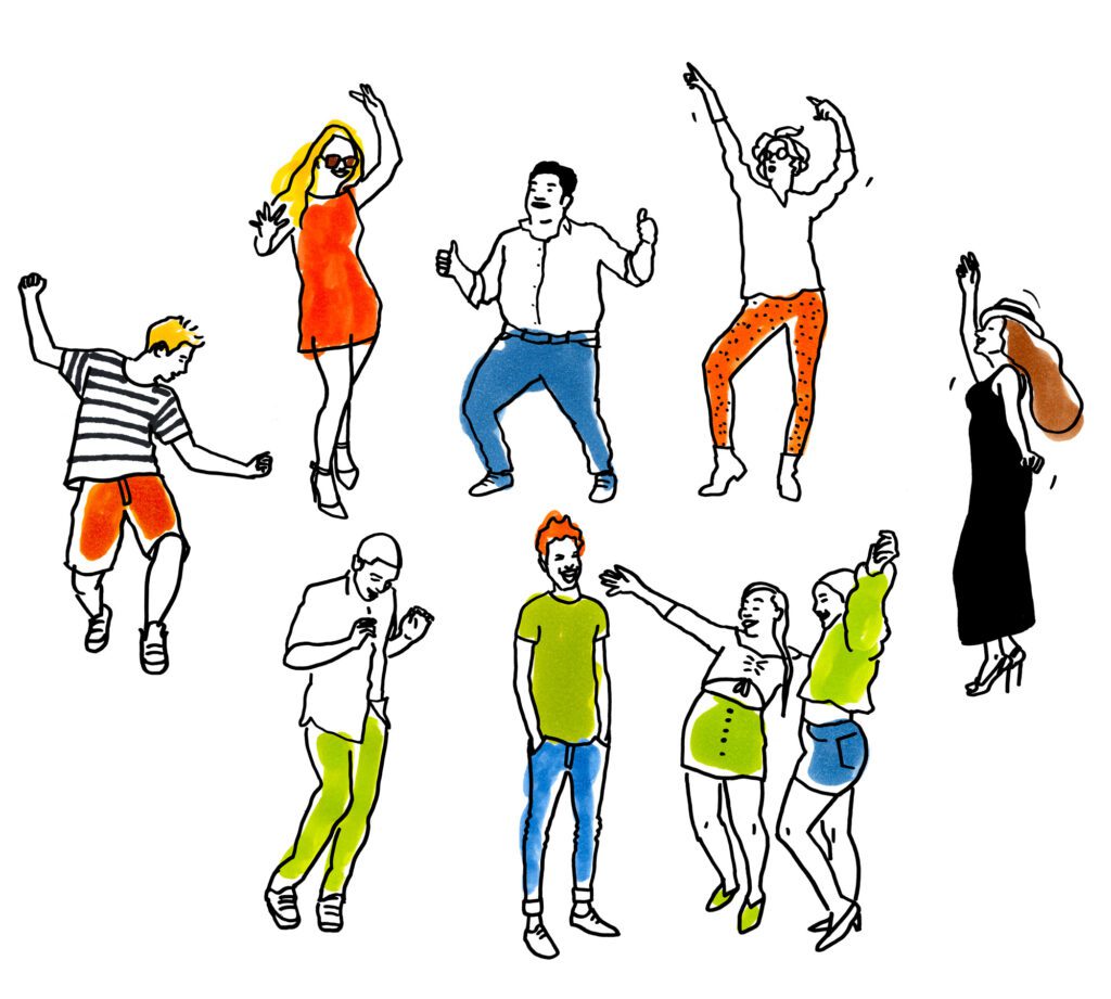 Hand-drawn spot illustrations of dancing people in varied poses, showing movement and rhythm.