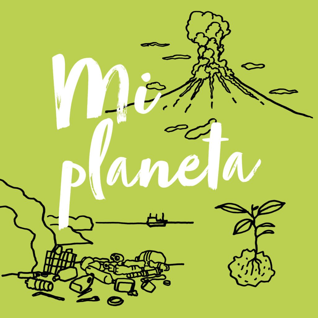 Square crop of a chapter-opening illustration from Próxima estación, with a hand-drawn volcano, litter, a small plant and environmental motifs on a green background.