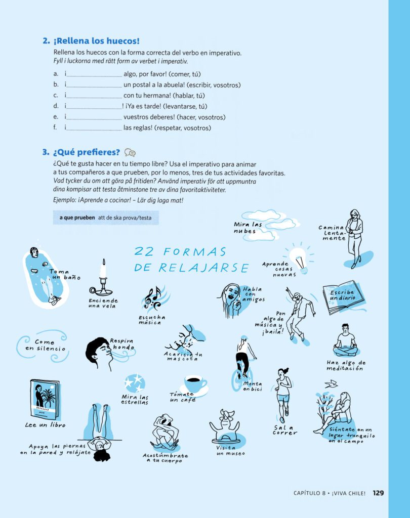 Interior page from Próxima estación showing a Spanish exercise spread with small blue and black spot illustrations for “22 ways to relax”, including activities such as taking a bath, listening to music, writing in a diary, cycling, meditating and going for a run.