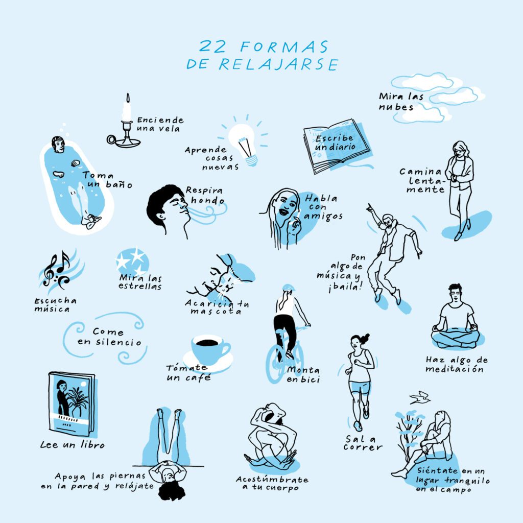 Collection of small blue and black spot illustrations for “22 ways to relax”, showing activities such as taking a bath, listening to music, writing in a diary, cycling, meditating, running and spending time outdoors.