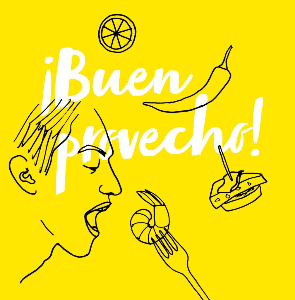 Square crop of a chapter-opening illustration from Próxima estación, with a hand-drawn volcano, litter, a small plant and environmental motifs on a green background.