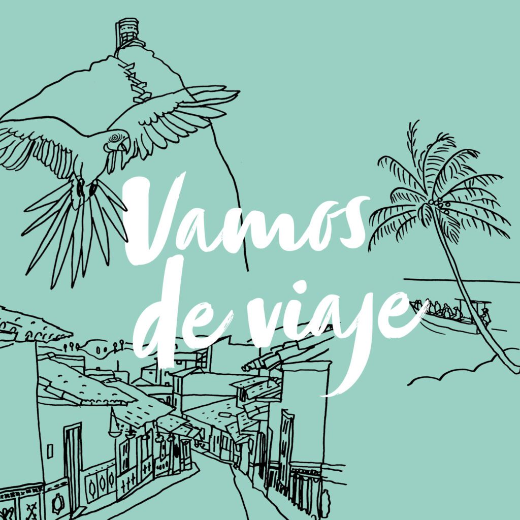Square crop of a chapter-opening illustration from Próxima estación, with a hand-drawn parrot, palm tree, boat and street scene on a turquoise background.