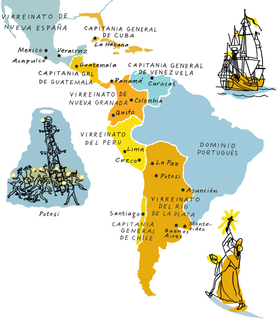 Illustrated map of colonial Latin America from Próxima estación, showing Spanish viceroyalties and Portuguese territory with hand-drawn labels, ships, figures and historical details.