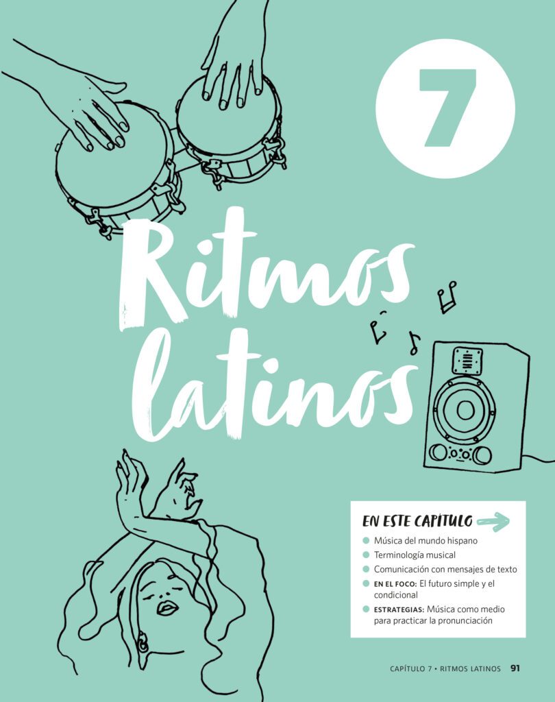 Chapter-opening illustration for “Ritmos latinos” in the Spanish learning series Próxima estación, with line drawings of hands playing drums, a speaker, musical notes and a dancing woman on a turquoise background.