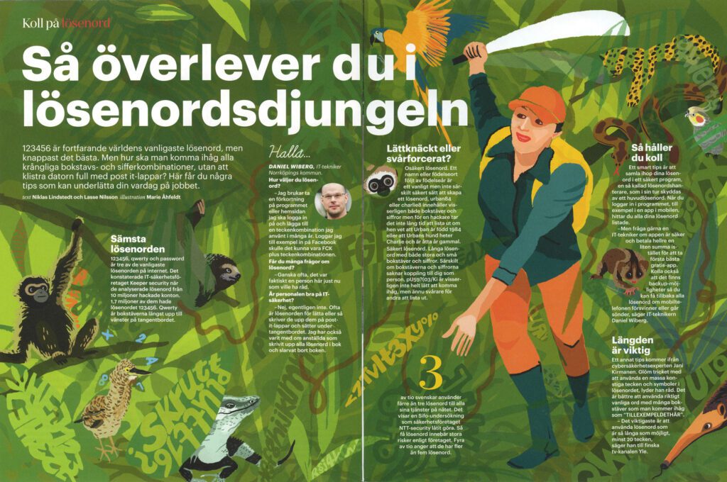 Editorial spread about managing passwords, showing a person cutting through a jungle with a machete, surrounded by animals and text representing different passwords.