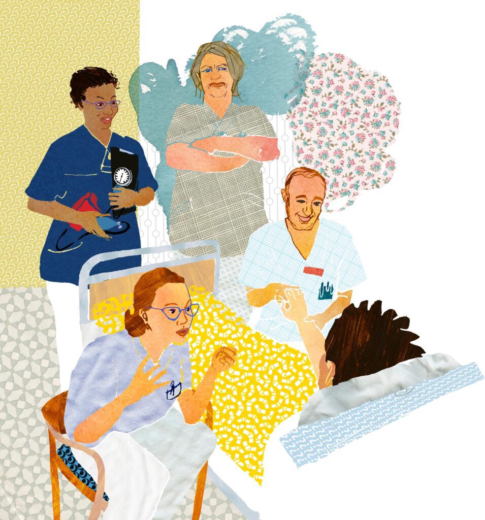 Illustration of four nurses interacting with a patient in a hospital setting, showing different roles through conversation and care