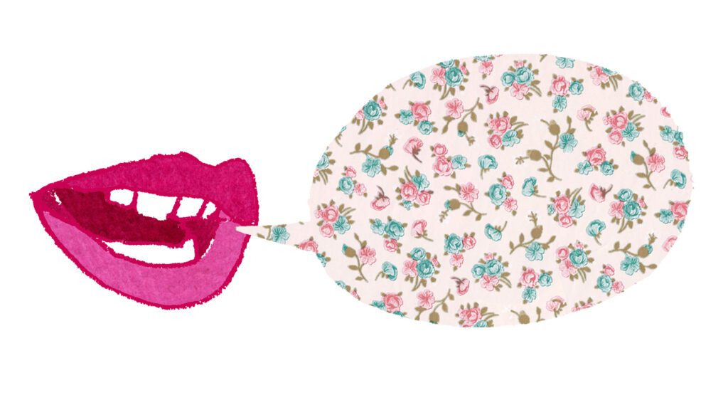 Illustration of a mouth speaking with a patterned speech bubble