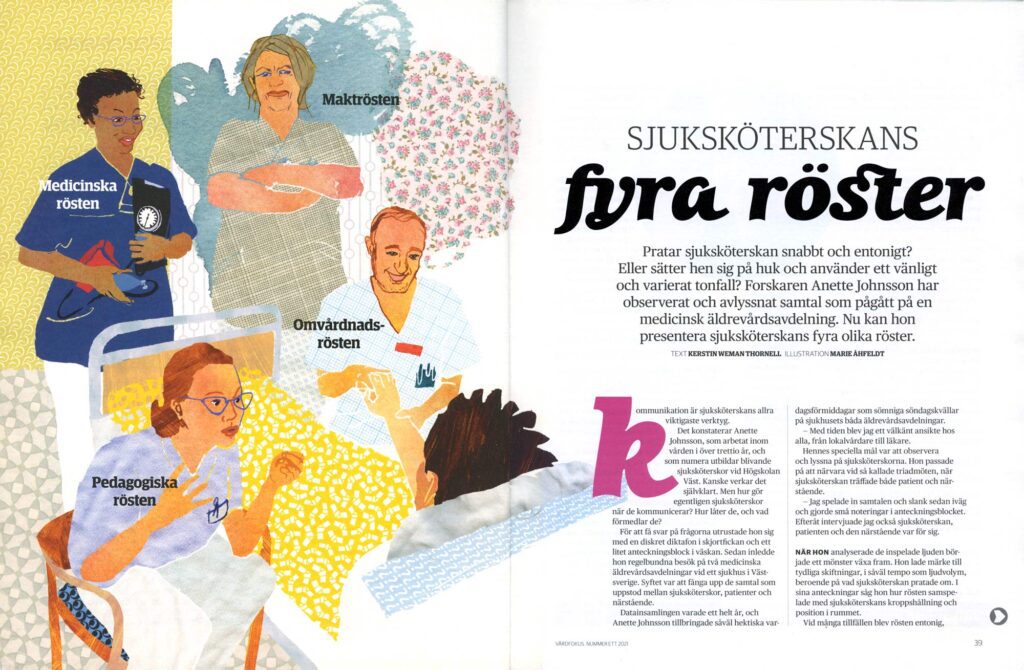 Editorial magazine spread featuring an illustration of nurses communicating and caring for a patient, with accompanying text
