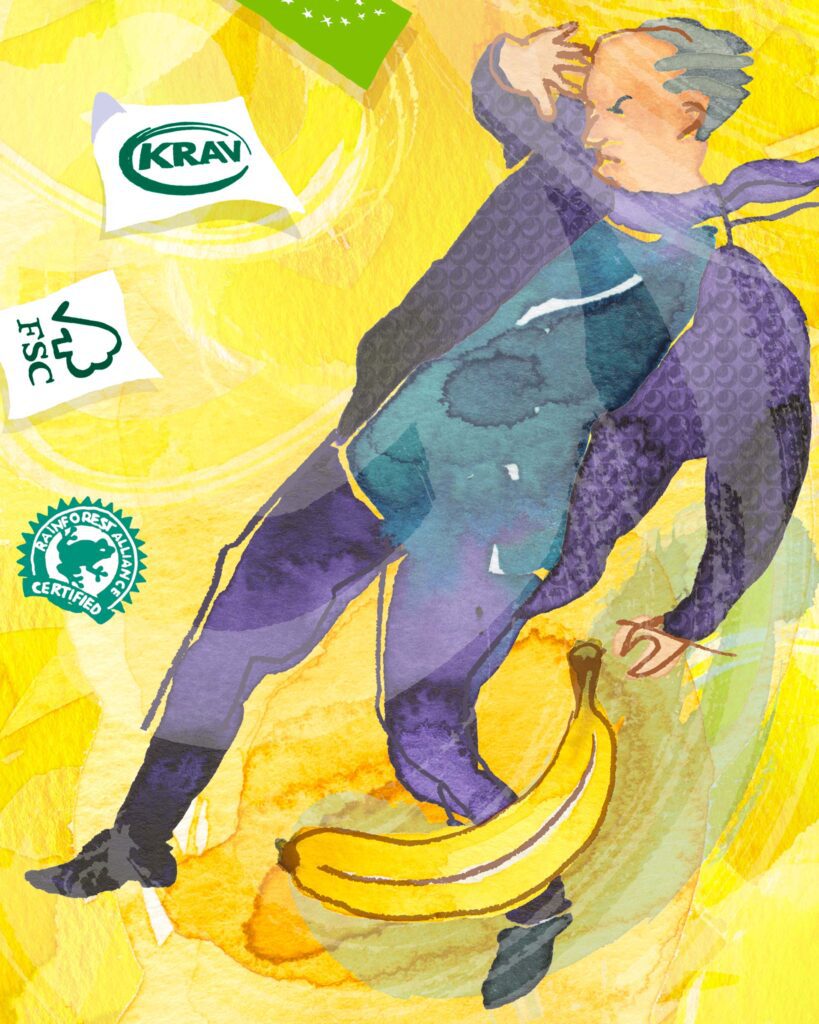 Man stumbling on a banana peel surrounded by swirling sustainability labels and certification symbols.