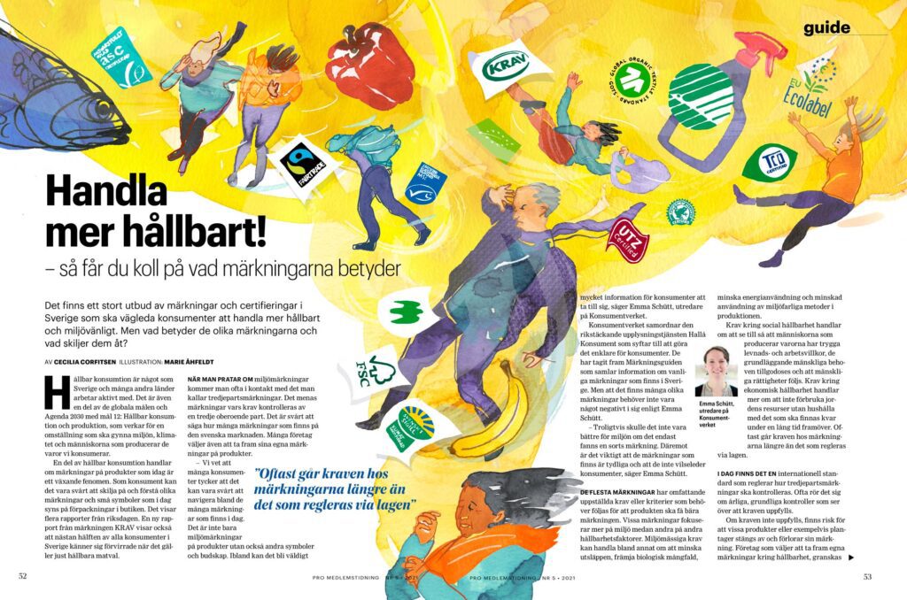 Magazine spread about sustainable consumption with illustration of people navigating certification labels