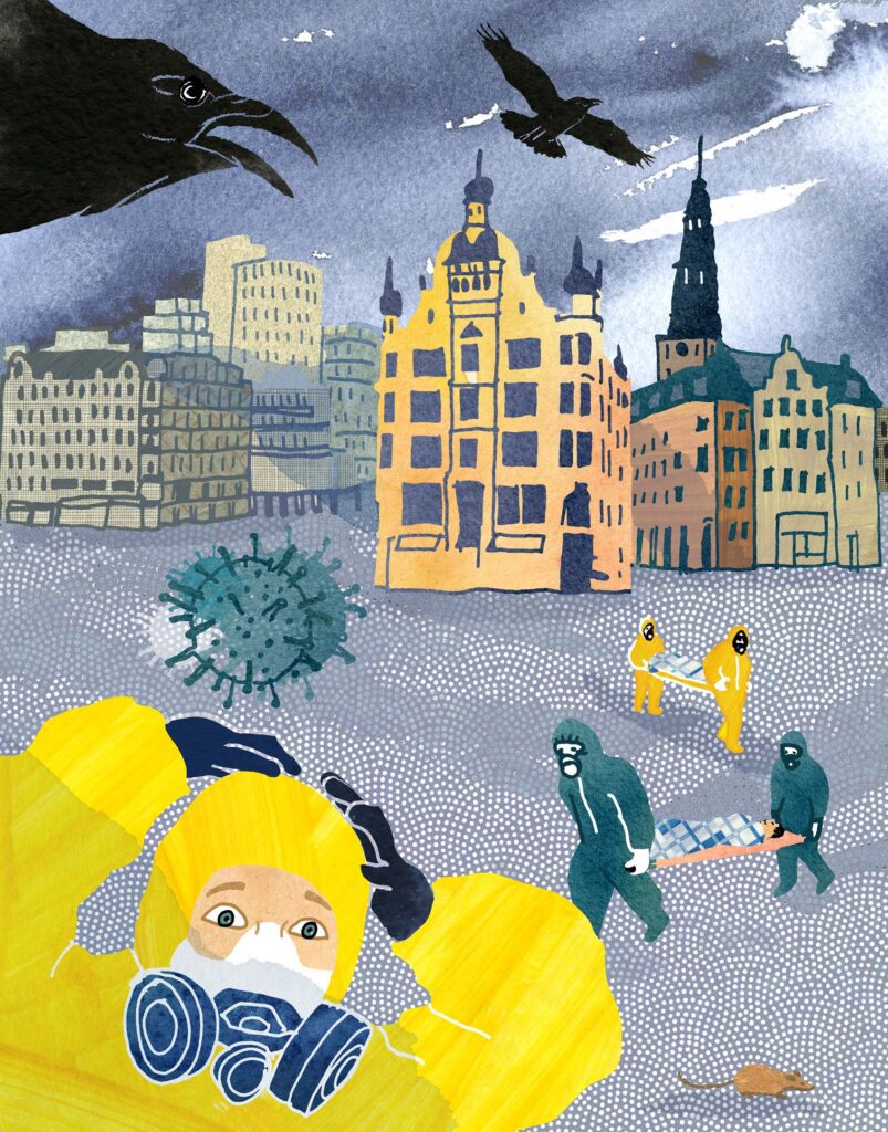 Editorial illustration depicting a pandemic scenario, with hazmat-suited figures, a city, virus forms, and emergency response scenes, created for a published excerpt from the novel Som pesten.