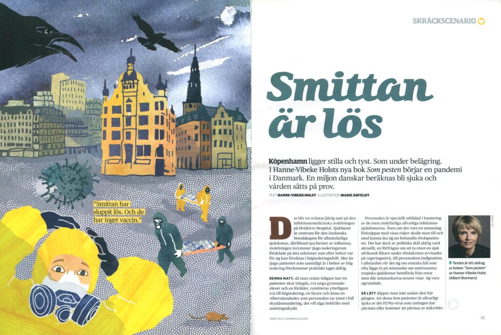 Magazine spread from Vårdfokus featuring an editorial illustration for a published excerpt from Som pesten by Hanne-Vibeke Holst, depicting a pandemic scenario.