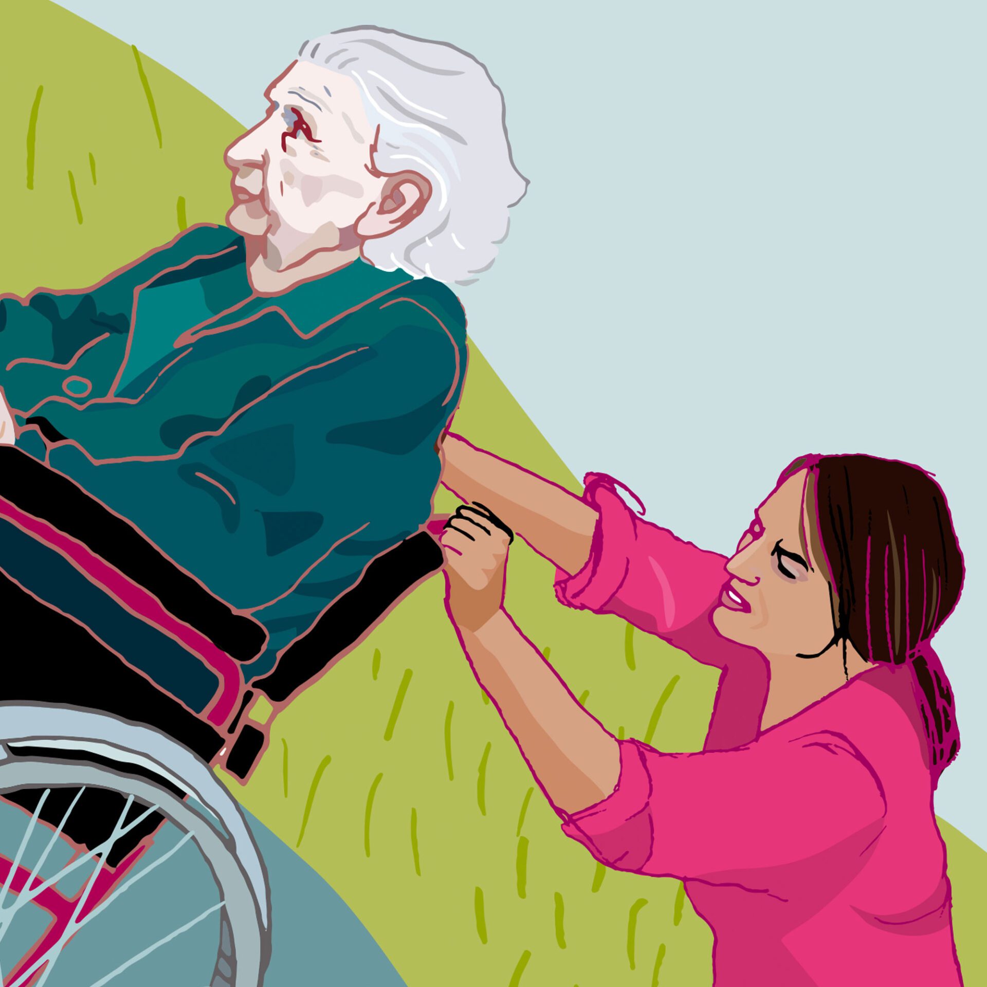 Caregiver pushing an elderly person in a wheelchair uphill.
