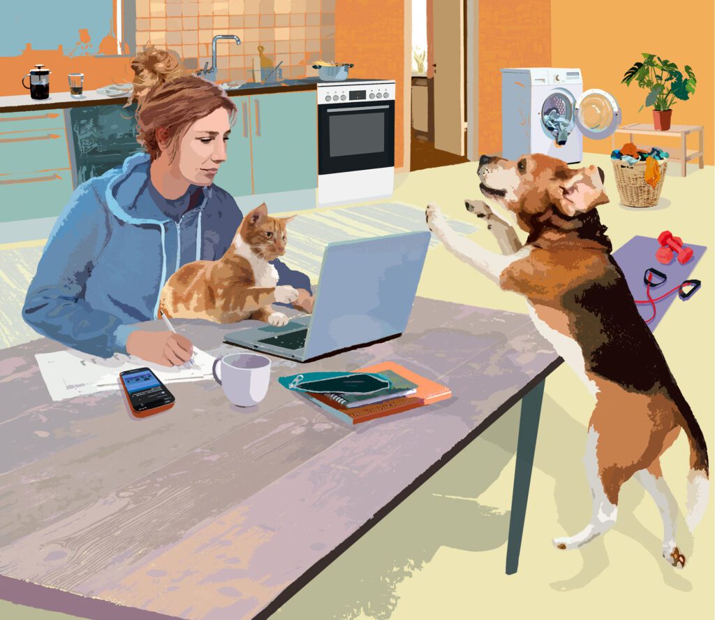Illustration of remote work at home with a person using a laptop, a cat on the keyboard, and a dog interacting nearby.