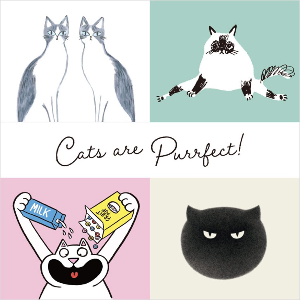 Promotional artwork for the Uniqlo UT “Cats are Purrfect!” collaboration featuring four artists and designers.