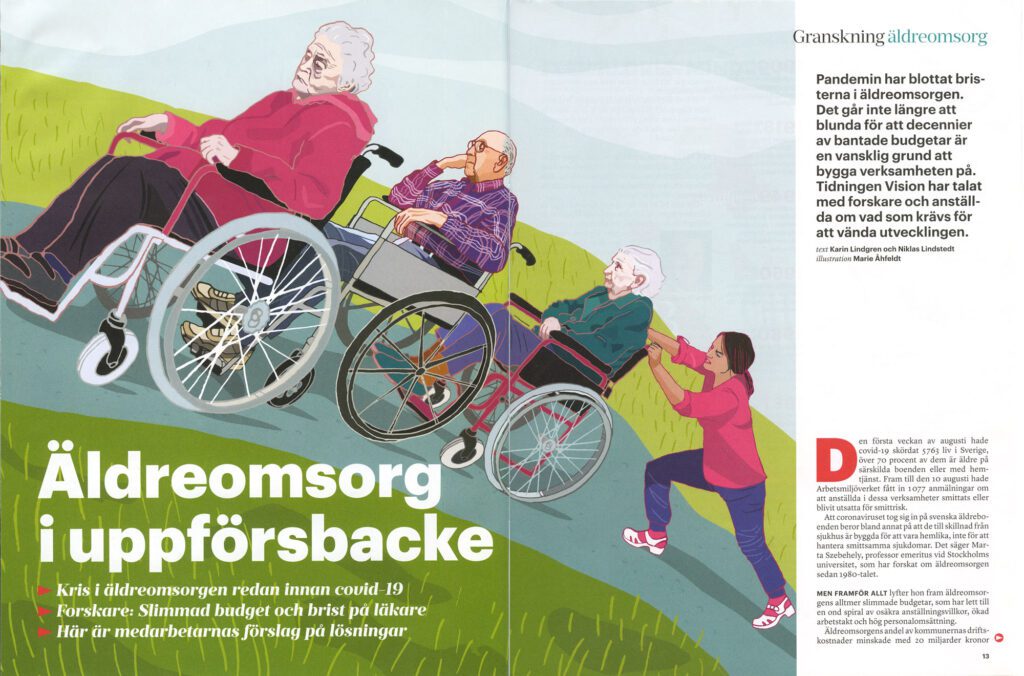 Magazine spread on elderly care challenges, with a large illustration of caregivers pushing elderly people in wheelchairs uphill and accompanying Swedish article text.