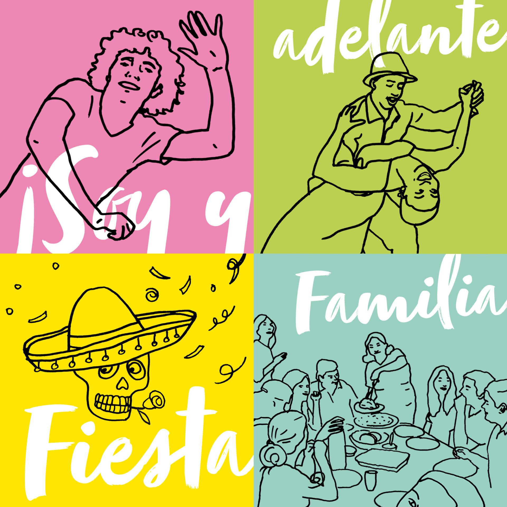 Colourful collage of interior illustrations from Próxima estación, a Spanish learning series published by Liber.